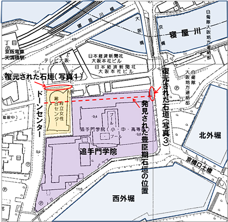 図2.発見された石垣の位置と復元場所位置図