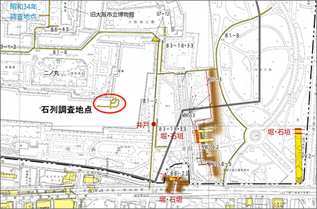 図1.南外堀々底の調査位置図(黄色は調査範囲)