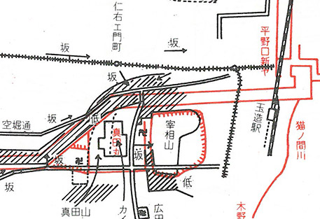 図5.大阪城外曲輪豊臣時代・現代対照地図(赤豊臣)