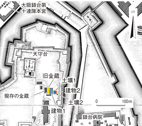 図2.調査で見つかった遺構(明治18年測量『大阪実測図』に加筆)