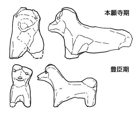 図1.本願寺期と豊臣期の犬の土人形