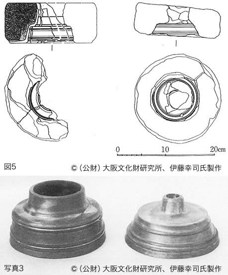 図5・写真3:筒型の鋳型実測図と復元された製品