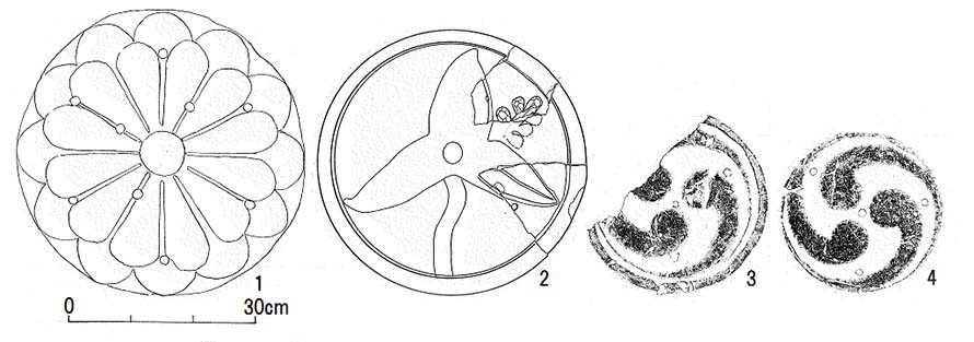 図3.円形飾瓦 (1は画像からスケッチ、2は図上復元)