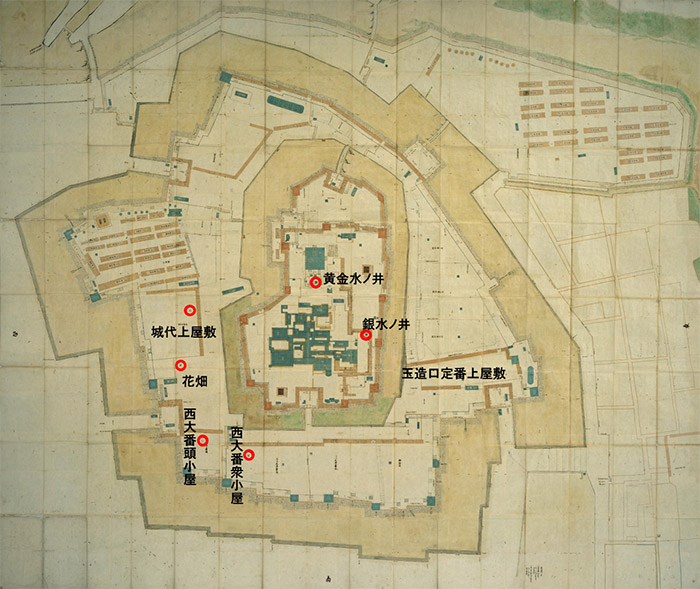 図3.『大坂御城図』に描かれる現存する井戸の位置(○印)