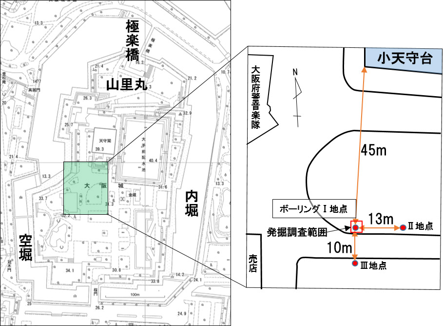 図1.大坂城総合学術調査団による本丸地区ボーリングの位置