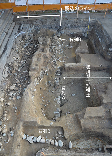 写真2.4区で発見された徳川期一括盛土と石列(北から)