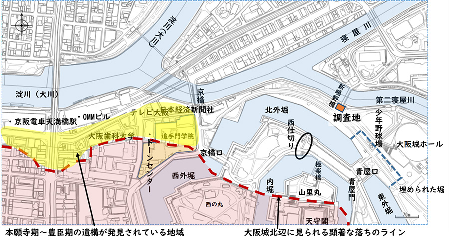 図1.大阪城北辺の地形と鴫野橋の調査地