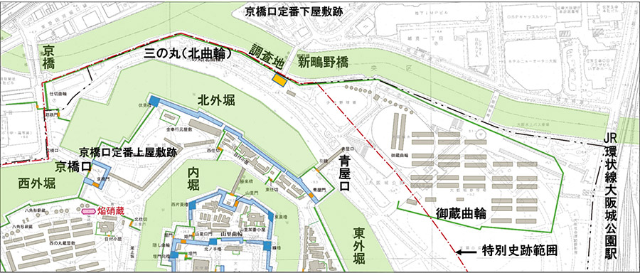 図3.大坂城北部の徳川期建物配置復元と調査地の位置