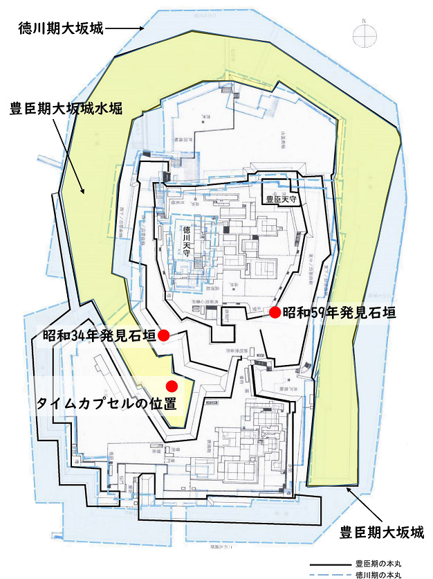 図2.宮上茂隆氏の重ね合わせ図中の地下石垣、タイムカプセルの位置