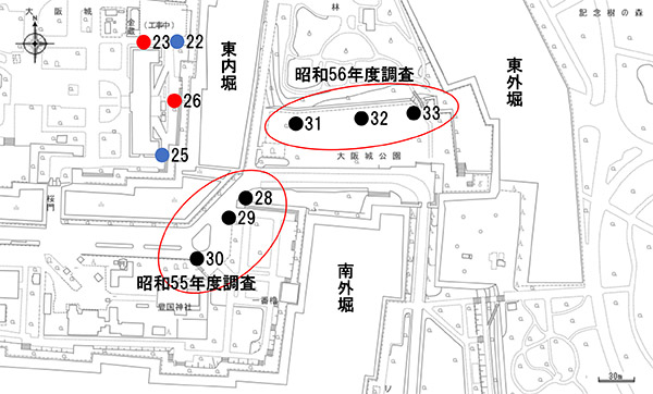 図6.天守閣による昭和55・56年度の調査地点