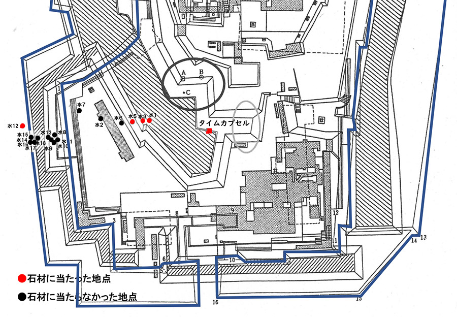 図3.宮上茂隆氏重ね合わせ復元図と水道Bの調査地点の関係(宮上氏復元図に加筆)